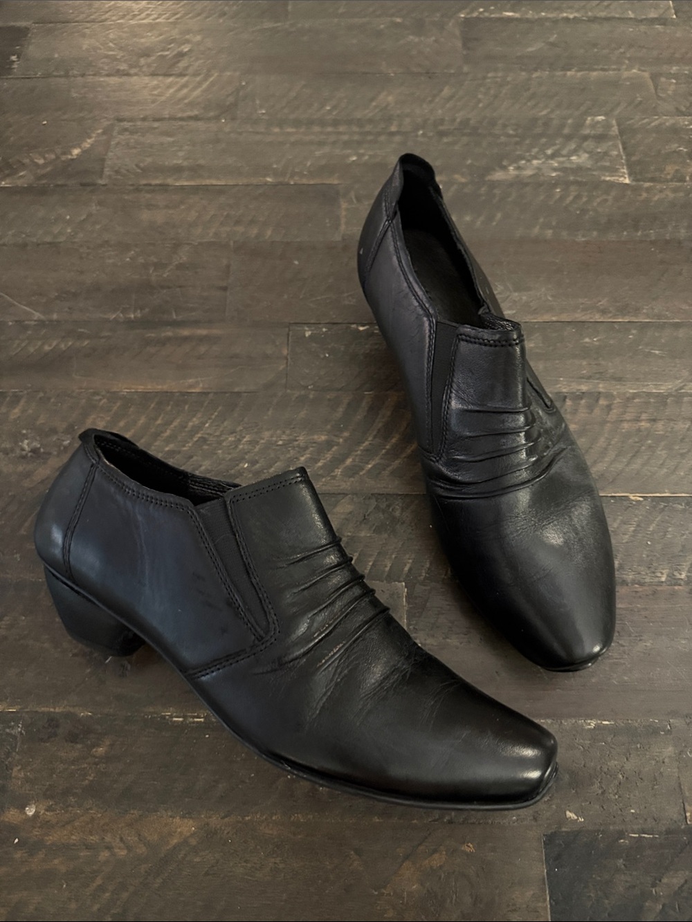 Josef Seibel Black Leather Pleated Vamp stacked Block Heel Shoes Sz 40 / 9